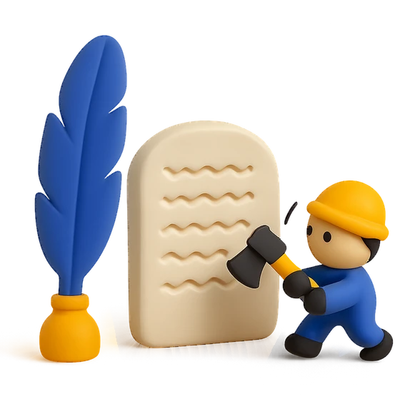 Illustration of the literal translation: What is written with a pen cannot be chopped out even with an axe.
